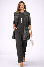 Women's 3-Piece Black Outfit Set - Patterned Cardigan, Top & Wide-Leg Trousers