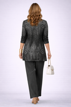 Women's 3-Piece Black Outfit Set - Patterned Cardigan, Top & Wide-Leg Trousers