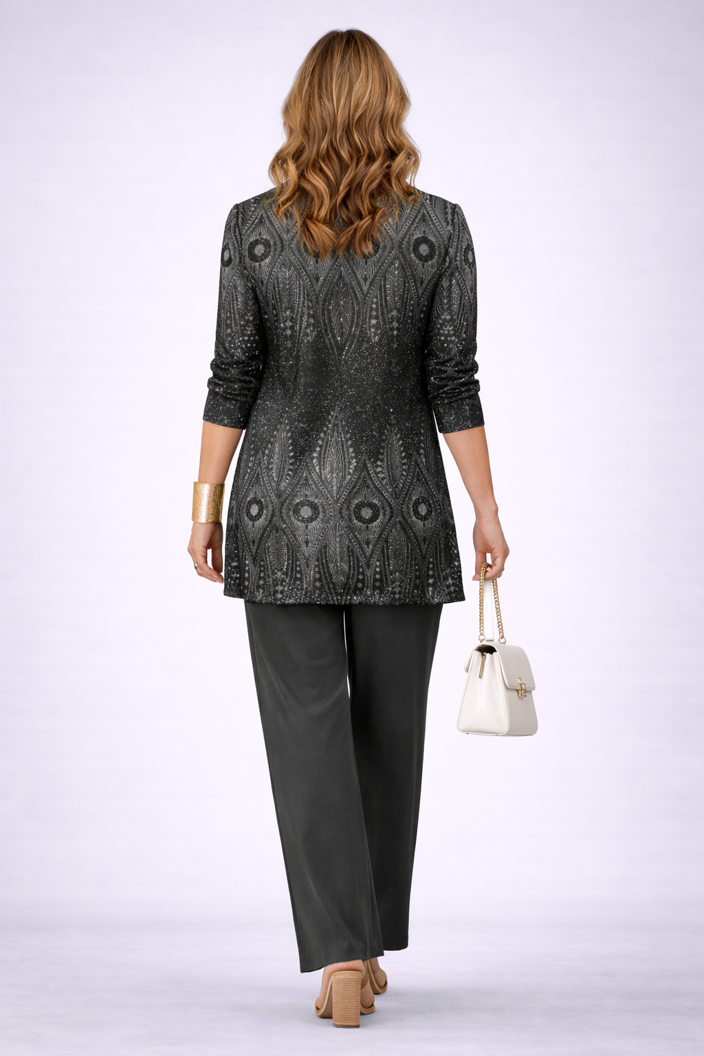 Women's 3-Piece Black Outfit Set - Patterned Cardigan, Top & Wide-Leg Trousers