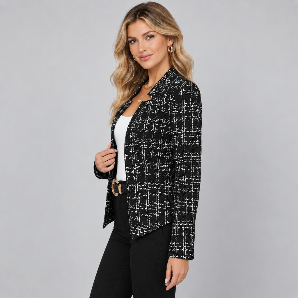 Women's Cropped Check Knit Blazer – Open Front Stand Collar Jacket