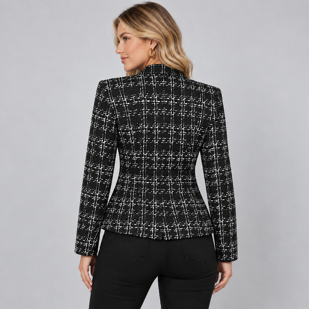 Women's Cropped Check Knit Blazer – Open Front Stand Collar Jacket