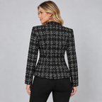 Women's Cropped Check Knit Blazer – Open Front Stand Collar Jacket