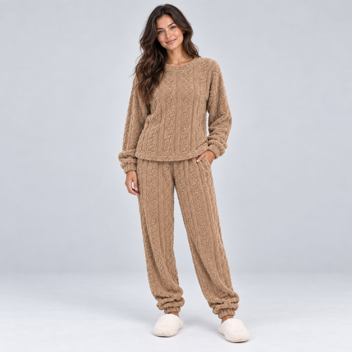 Women's Fleece Pajama Set – Cable Texture Long Sleeve Top and Pants