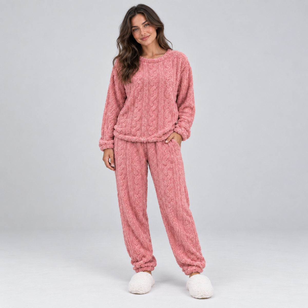 Women's Fleece Pajama Set – Cable Texture Long Sleeve Top and Pants