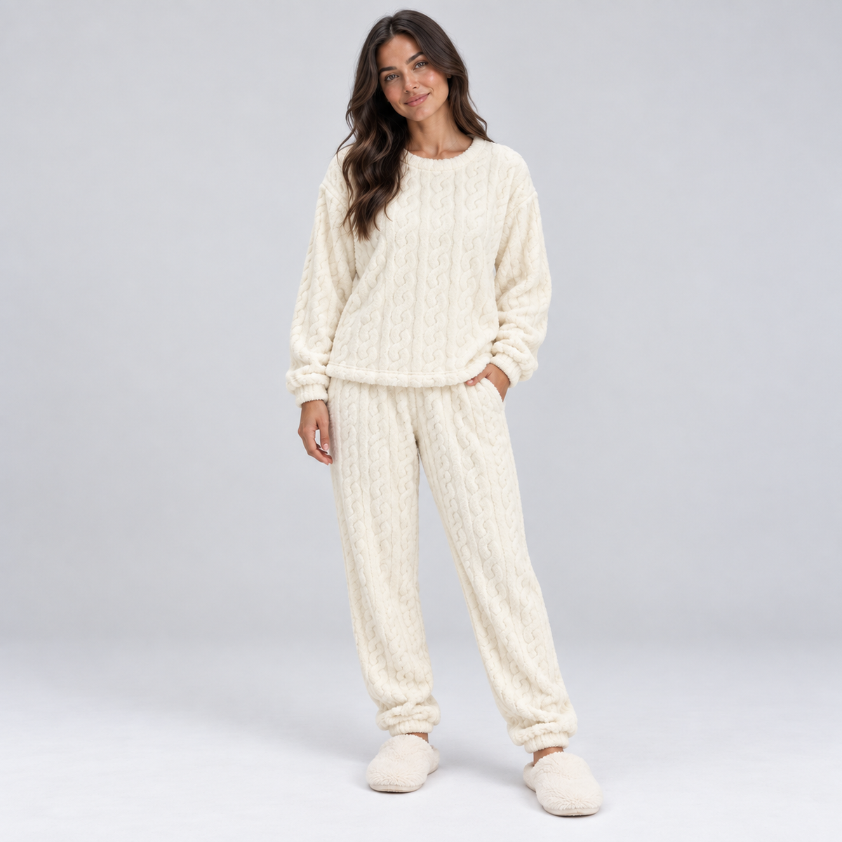 Women's Fleece Pajama Set – Cable Texture Long Sleeve Top and Pants