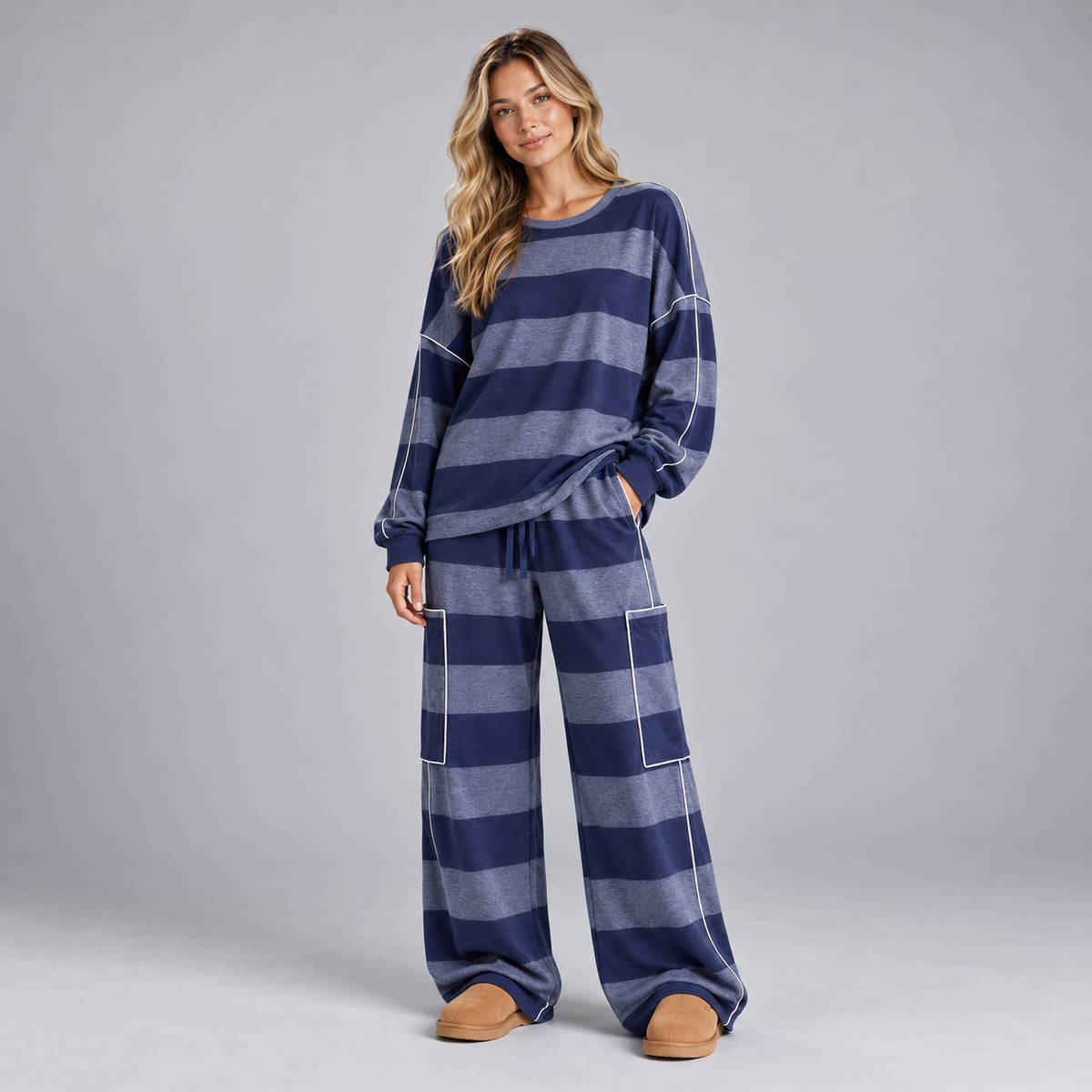 Women's Striped Sweatshirt and Wide-Leg Pants Set – Oversized Two-Piece Lounge Set