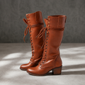 Women's Lace-Up Knee-High Boots – Leather-Look Stacked Heel Tall Boots