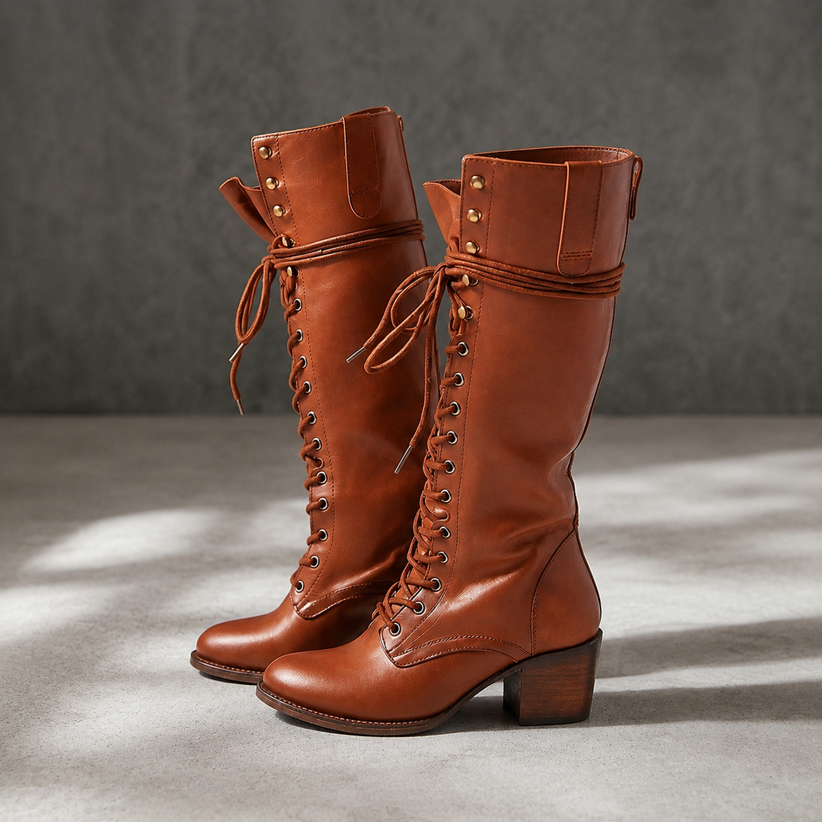 Women's Lace-Up Knee-High Boots – Leather-Look Stacked Heel Tall Boots
