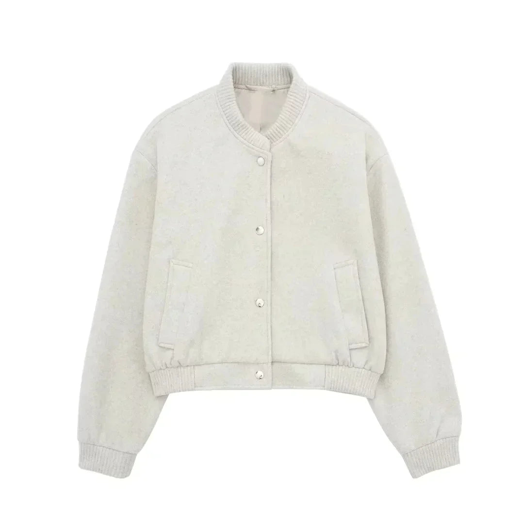 Women's Cropped Bomber Jacket – Snap-Button Ribbed Trim Light Jacket