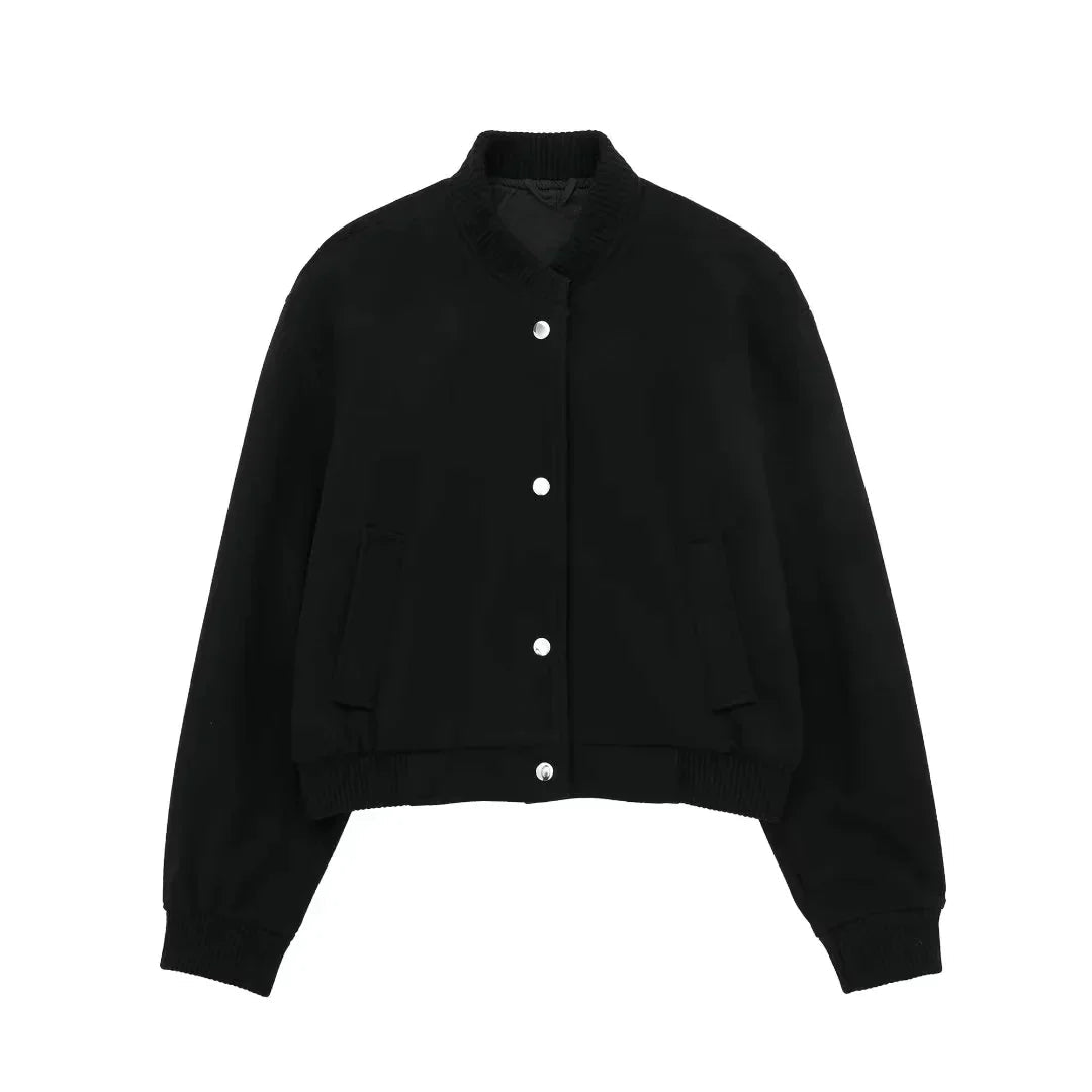 Women's Cropped Bomber Jacket – Snap-Button Ribbed Trim Light Jacket