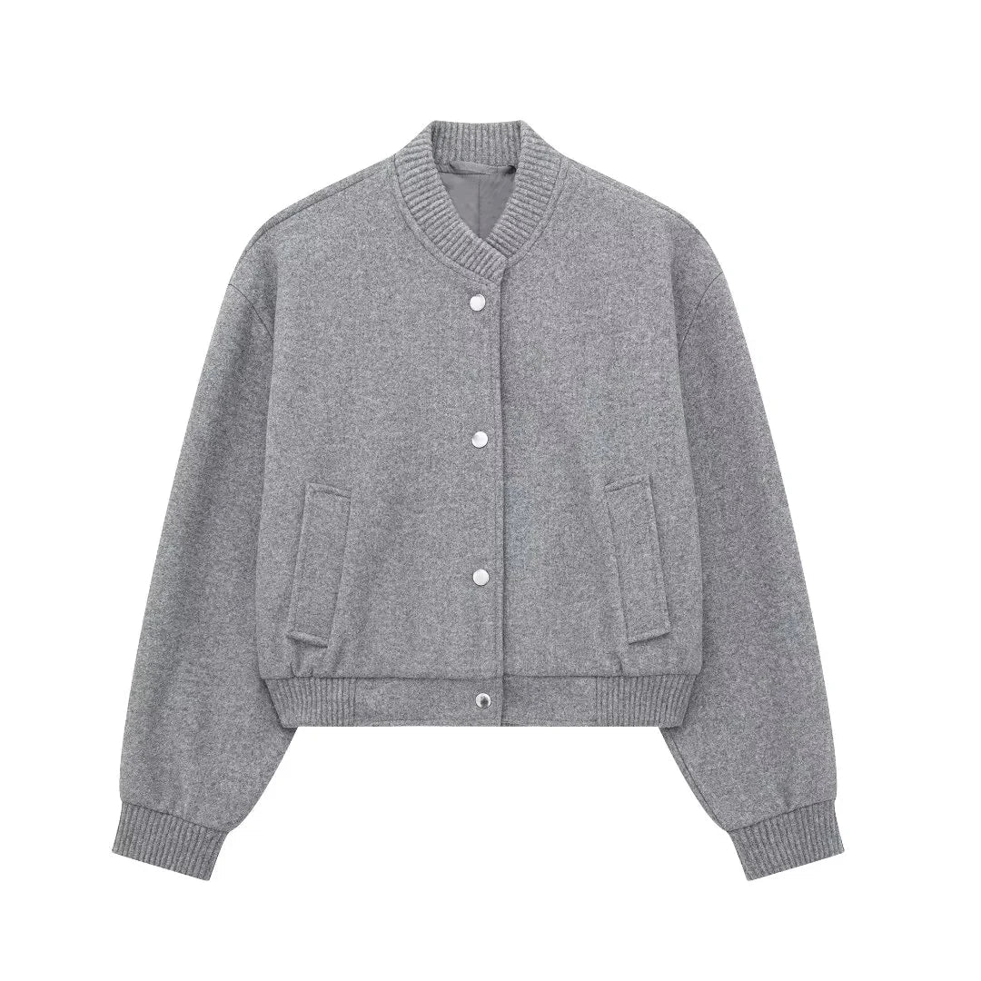 Women's Cropped Bomber Jacket – Snap-Button Ribbed Trim Light Jacket