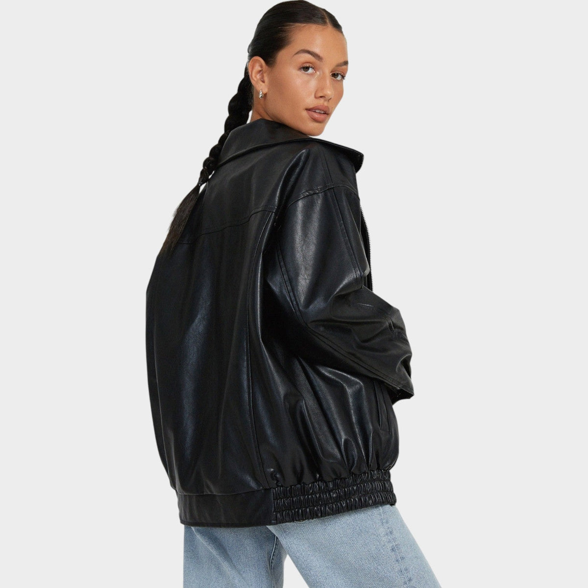 Miriam | Women Oversized Faux Leather Zip Up Bomber Jacket