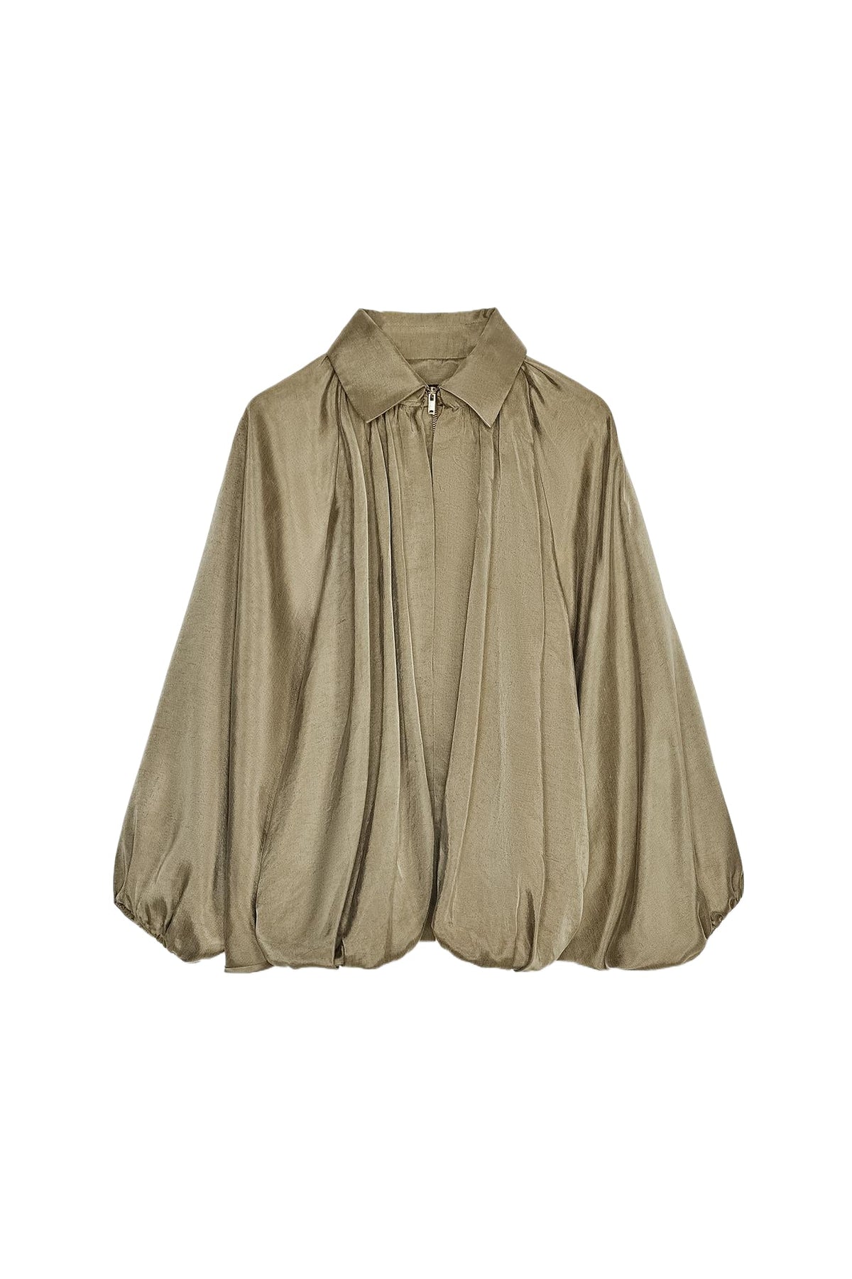 Women's Ruched Bomber Jacket – Draped Zip-Up Jacket with Shirt Collar