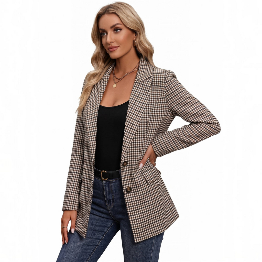Women's Plaid Blazer – Houndstooth Business Casual Jacket for Fall