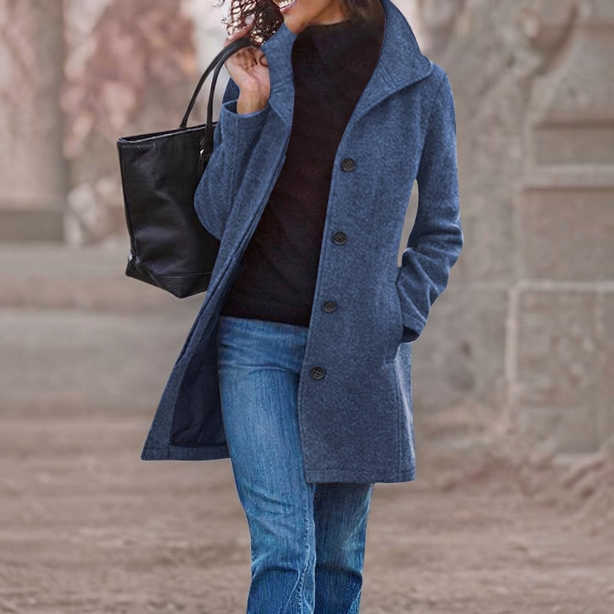 Women's Stand Collar Pea Coat – Single-Breasted Relaxed Winter Coat