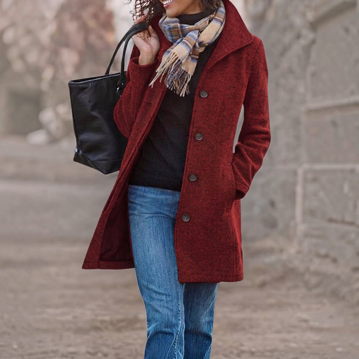 Women's Stand Collar Pea Coat – Single-Breasted Relaxed Winter Coat