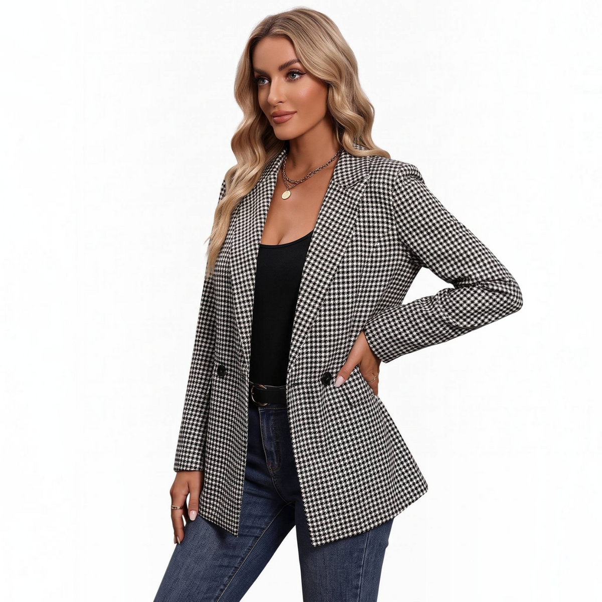 Women's Plaid Blazer – Houndstooth Business Casual Jacket for Fall