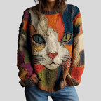 Women's Artistic Cat Print Top – Relaxed Fit Boho Patchwork Blouse