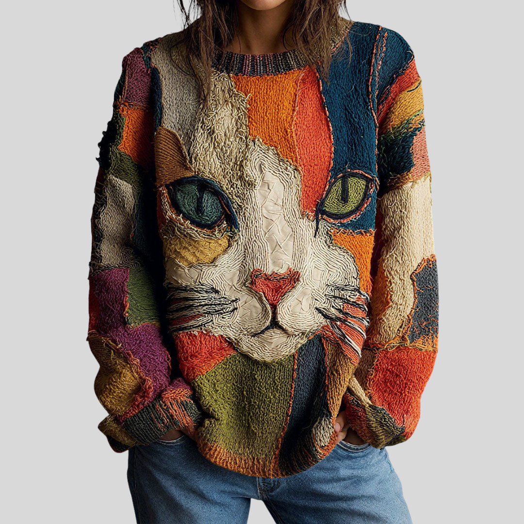 Women's Artistic Cat Print Top – Relaxed Fit Boho Patchwork Blouse