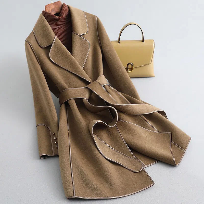 Women's Belted Trench Coat – Soft Brushed Long Coat with Self-Tie Belt