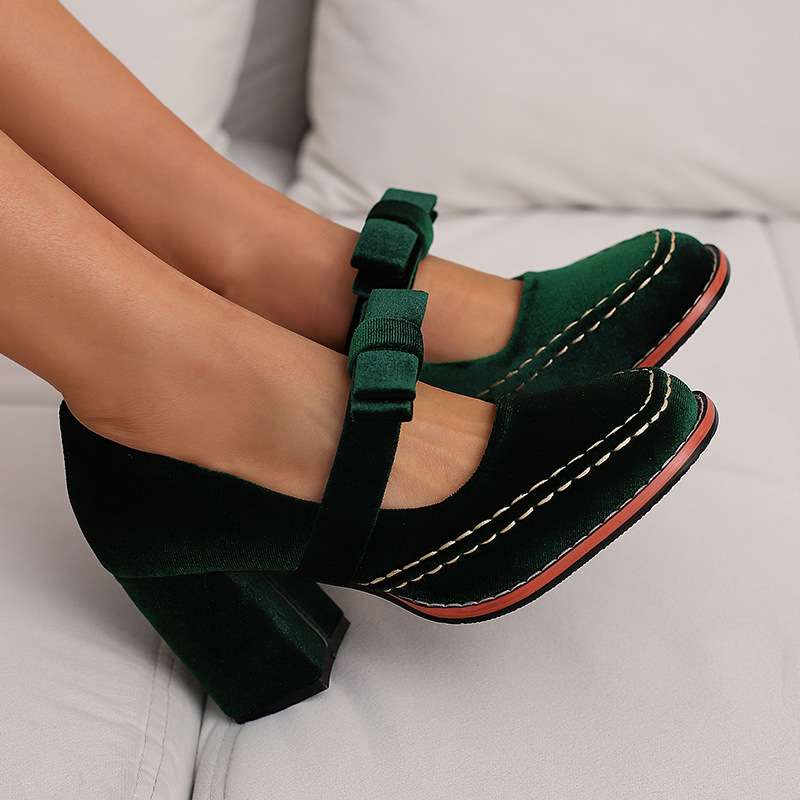 Evi Women's Velvet Block Heel Loafers - Slip-On Bow Tie Chic Dress Shoes
