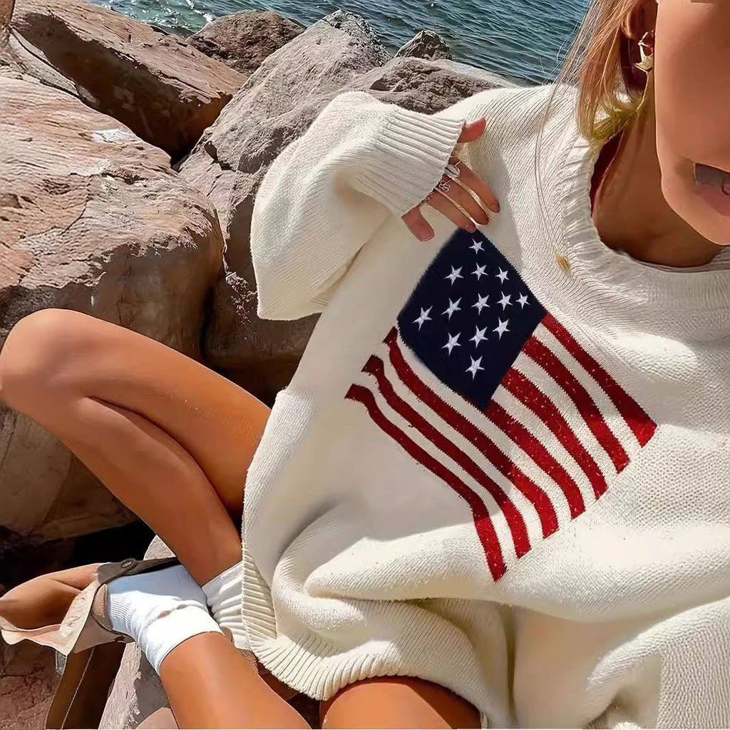 Women's American Flag Knit Sweater – Patriotic Crew Neck Pullover