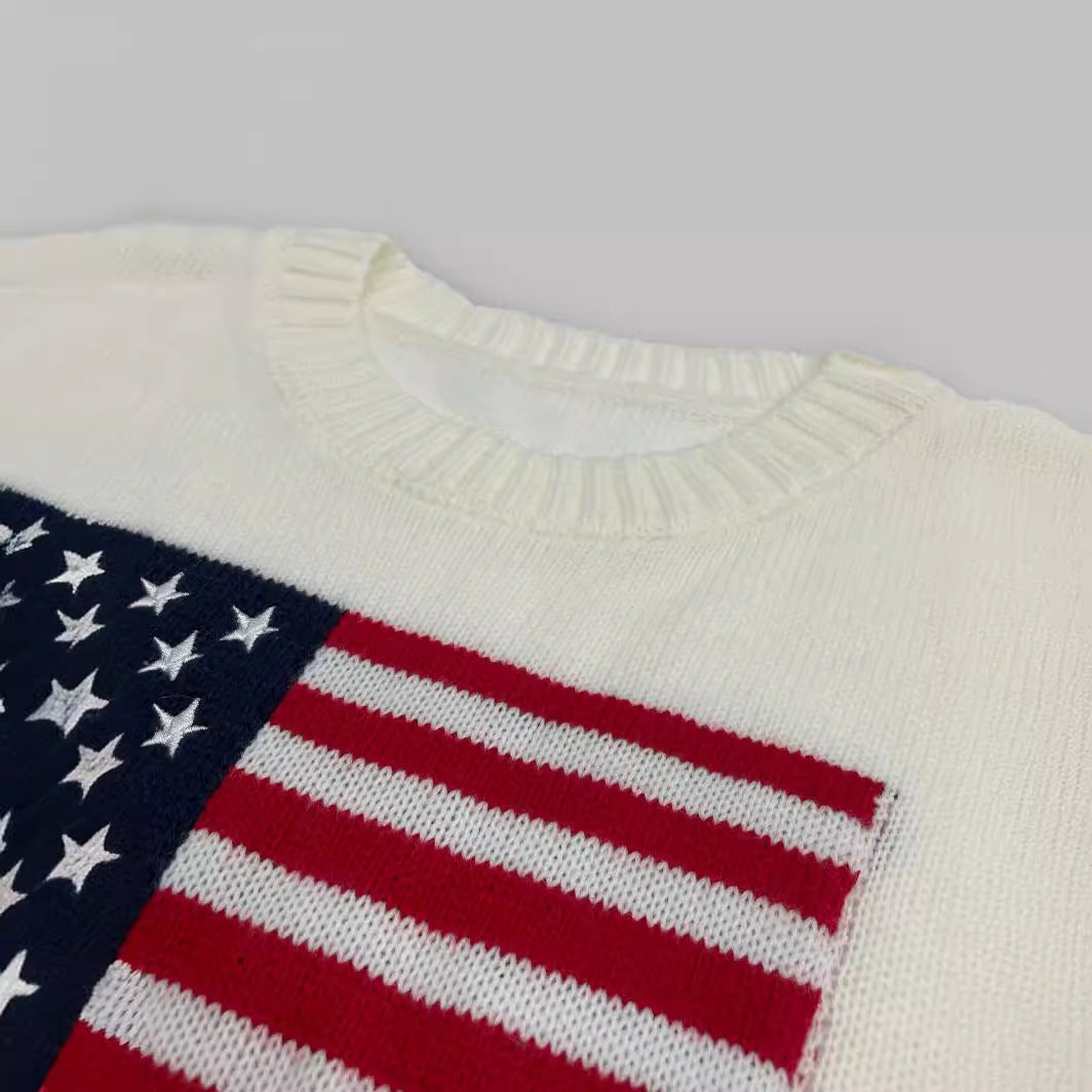 Women's American Flag Knit Sweater – Patriotic Crew Neck Pullover