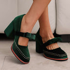 Evi Women's Velvet Block Heel Loafers - Slip-On Bow Tie Chic Dress Shoes