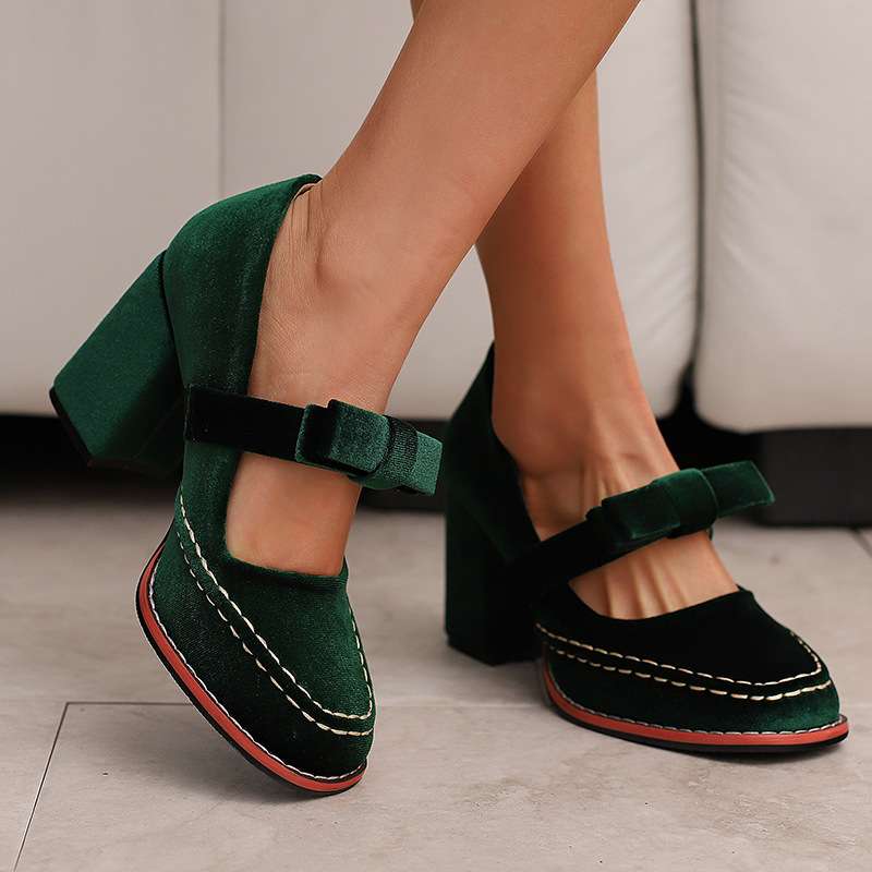 Evi Women's Velvet Block Heel Loafers - Slip-On Bow Tie Chic Dress Shoes