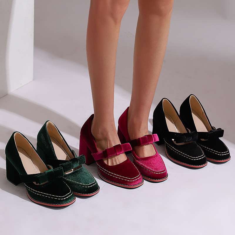 Evi Women's Velvet Block Heel Loafers - Slip-On Bow Tie Chic Dress Shoes