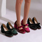 Evi Women's Velvet Block Heel Loafers - Slip-On Bow Tie Chic Dress Shoes
