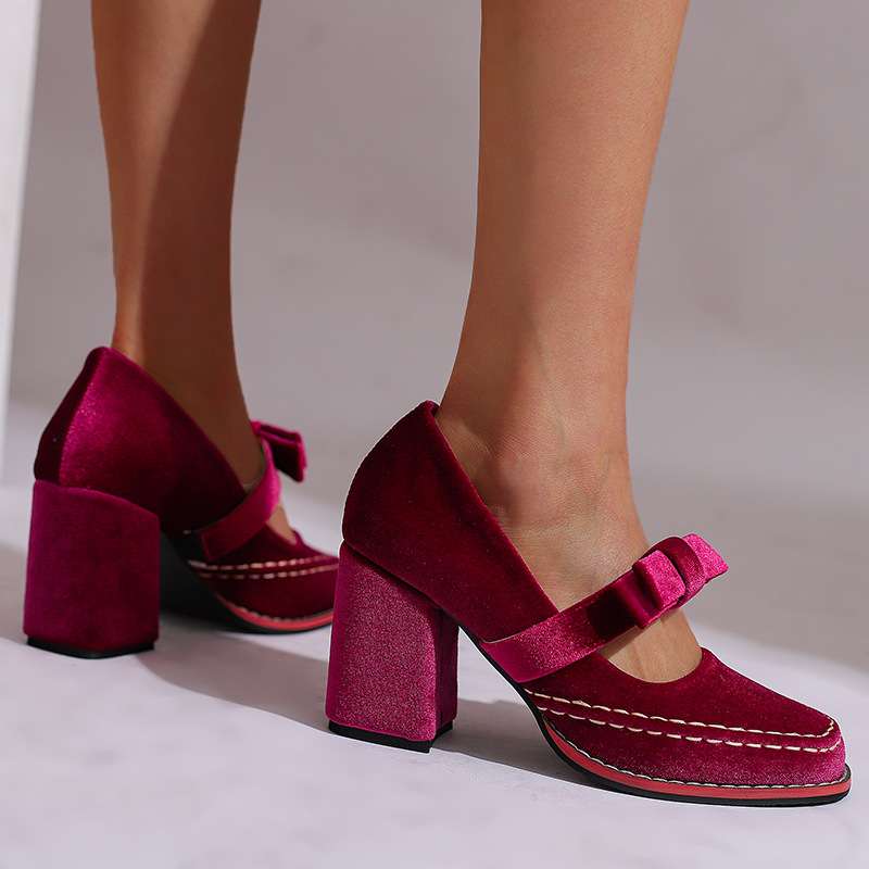 Evi Women's Velvet Block Heel Loafers - Slip-On Bow Tie Chic Dress Shoes