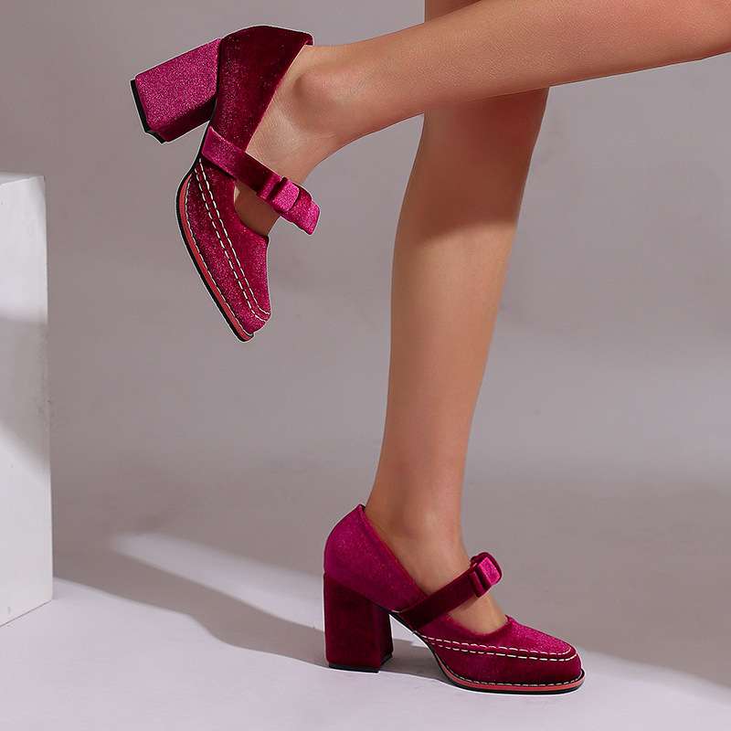 Evi Women's Velvet Block Heel Loafers - Slip-On Bow Tie Chic Dress Shoes