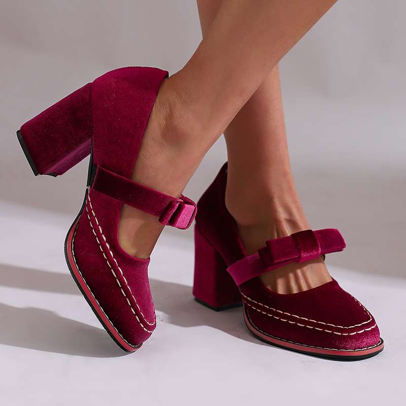 Evi Women's Velvet Block Heel Loafers - Slip-On Bow Tie Chic Dress Shoes