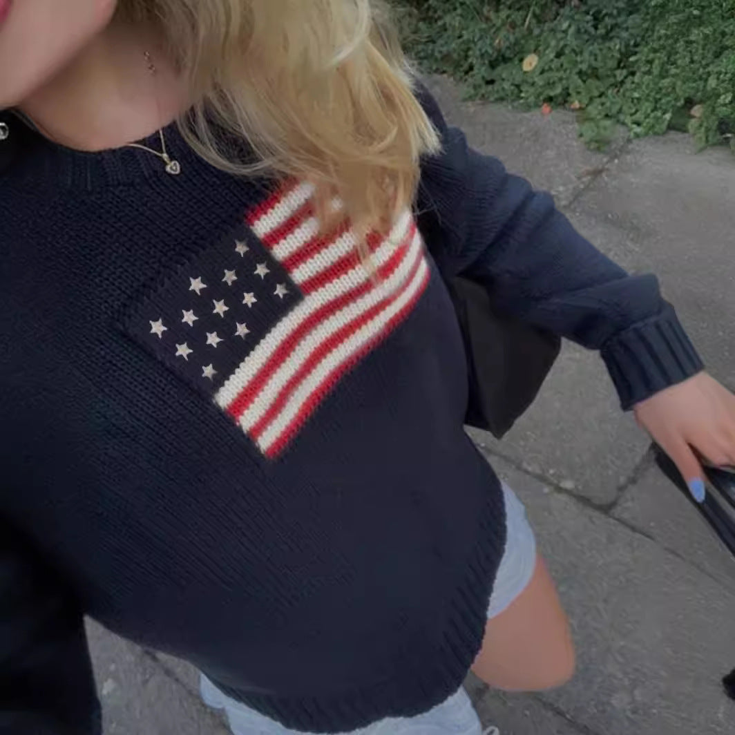 Women's American Flag Knit Sweater – Patriotic Crew Neck Pullover