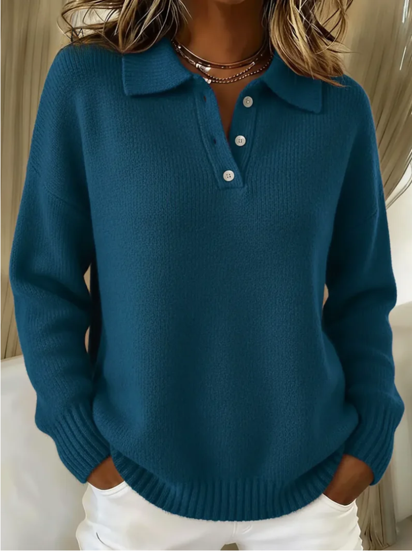 Women's Knit Polo Sweater – Collared Button Placket Pullover, Relaxed Fit