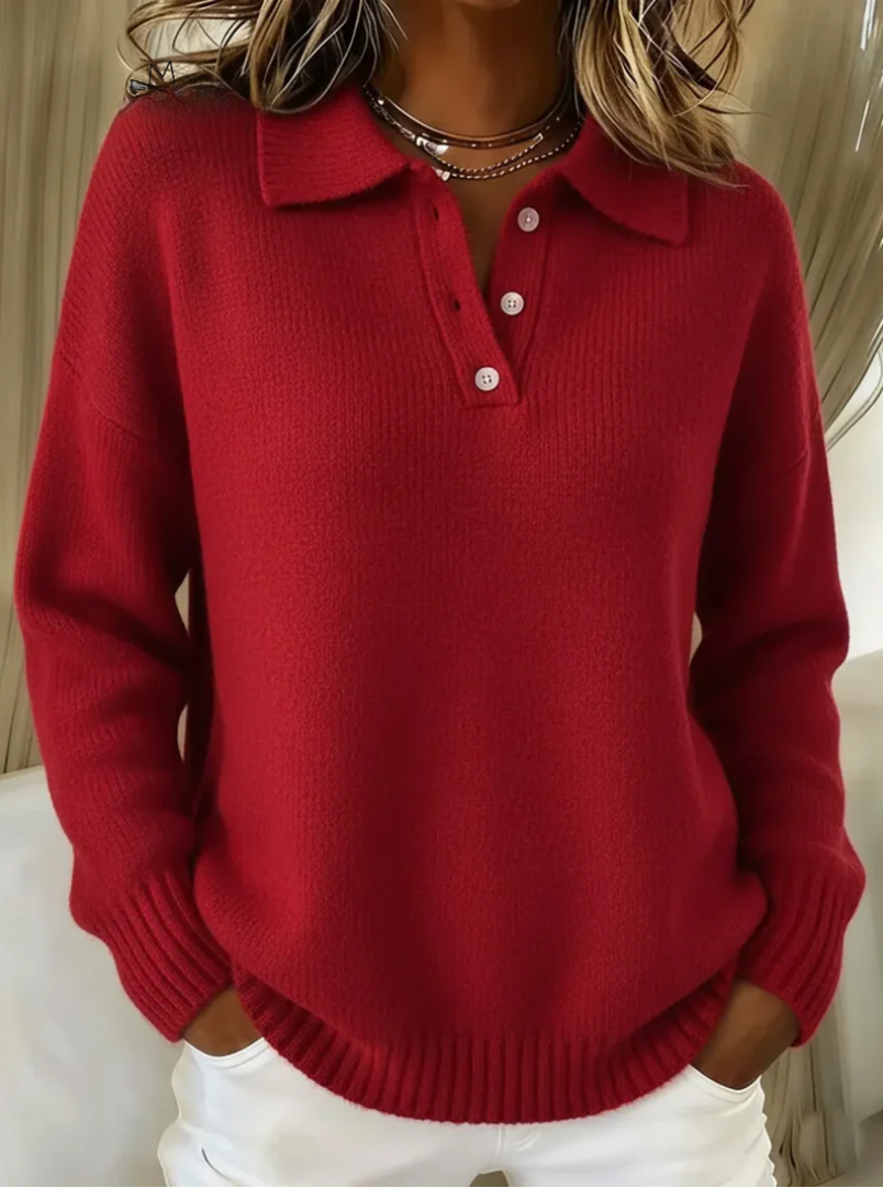 Women's Knit Polo Sweater – Collared Button Placket Pullover, Relaxed Fit