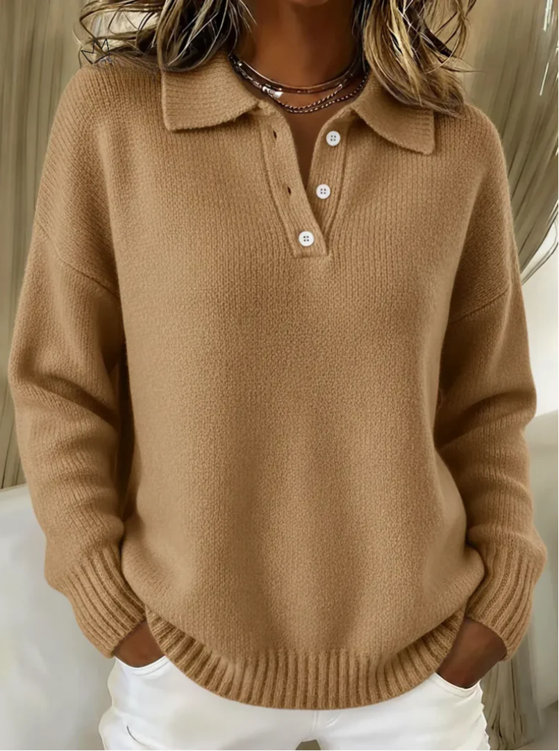 Women's Knit Polo Sweater – Collared Button Placket Pullover, Relaxed Fit