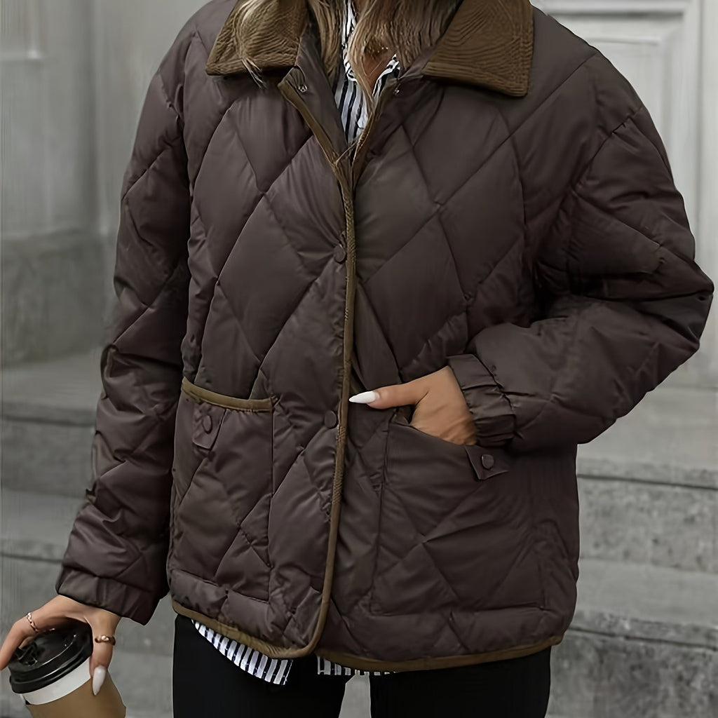 Women's Diamond Quilted Jacket – Button-Front Padded Layer with Pockets