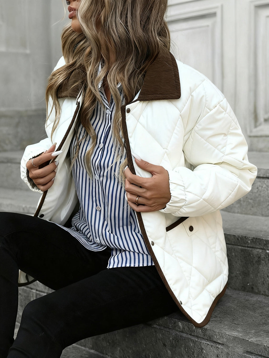 Women's Diamond Quilted Jacket – Button-Front Padded Layer with Pockets