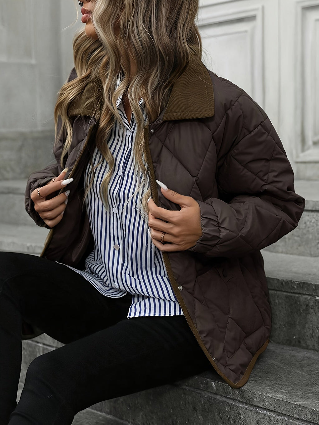 Women's Diamond Quilted Jacket – Button-Front Padded Layer with Pockets