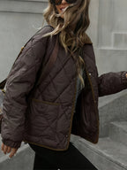 Women's Diamond Quilted Jacket – Button-Front Padded Layer with Pockets