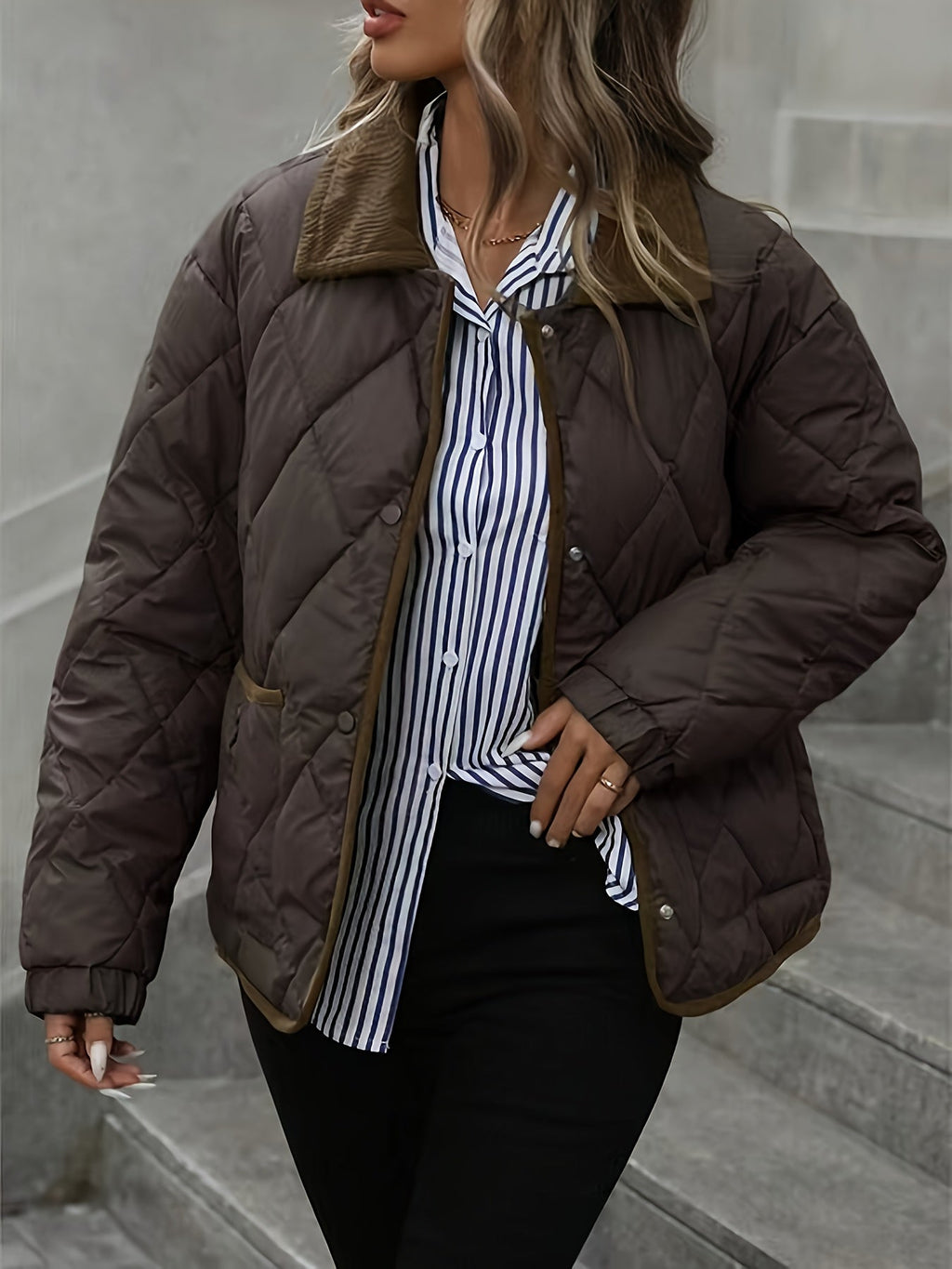 Women's Diamond Quilted Jacket – Button-Front Padded Layer with Pockets