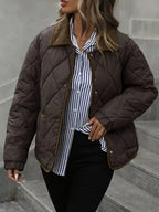 Women's Diamond Quilted Jacket – Button-Front Padded Layer with Pockets