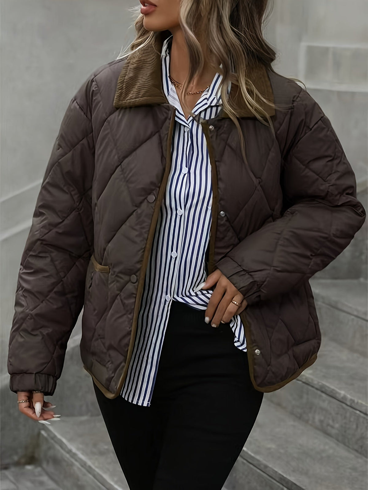 Women's Diamond Quilted Jacket – Button-Front Padded Layer with Pockets