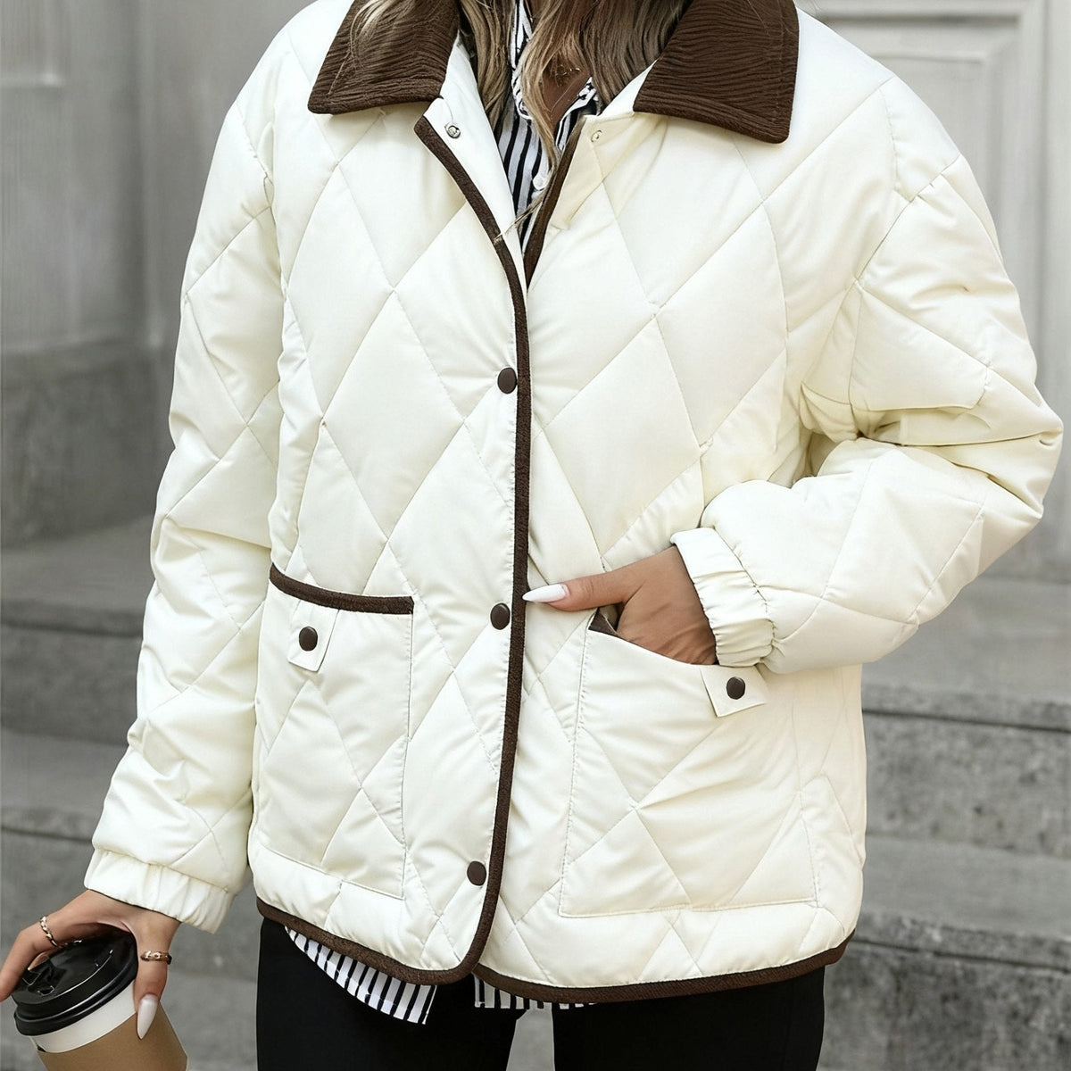 Women's Diamond Quilted Jacket – Button-Front Padded Layer with Pockets