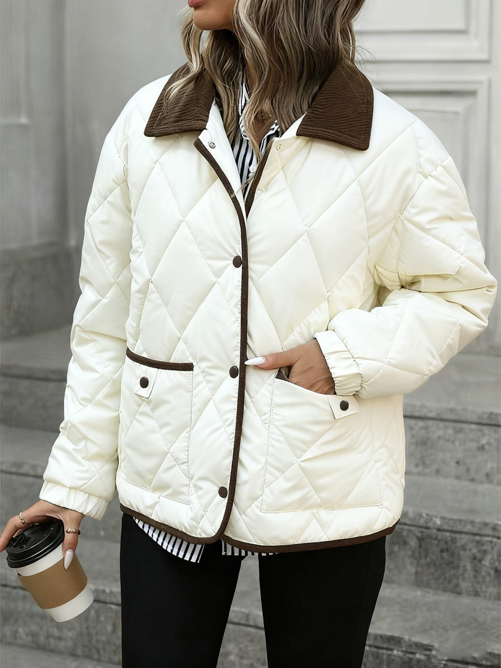 Women's Diamond Quilted Jacket – Button-Front Padded Layer with Pockets
