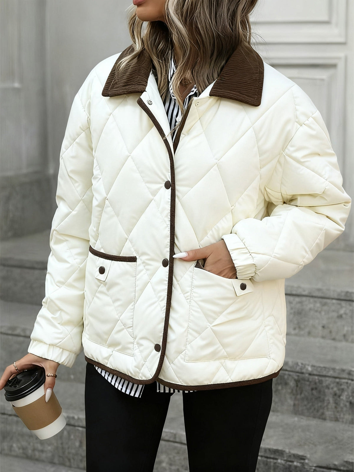 Women's Diamond Quilted Jacket – Button-Front Padded Layer with Pockets