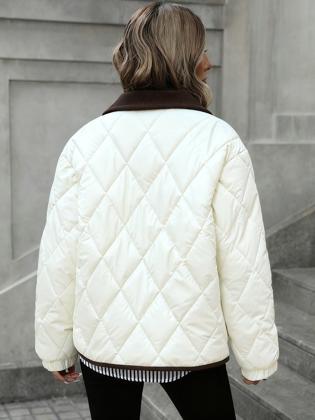 Women's Diamond Quilted Jacket – Button-Front Padded Layer with Pockets