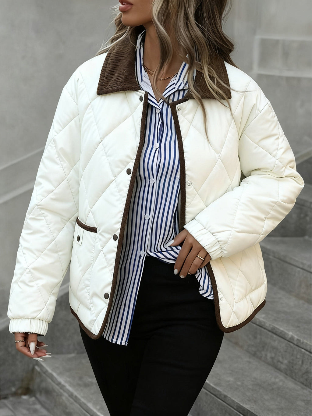 Women's Diamond Quilted Jacket – Button-Front Padded Layer with Pockets